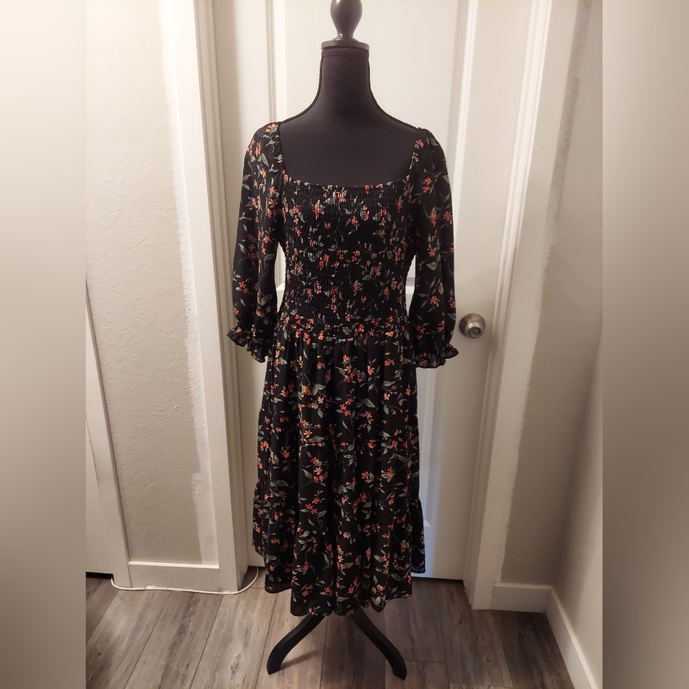 Baltic Born Black Floral Smocked Top Midi Dress 1XL - Picture 3 of 5